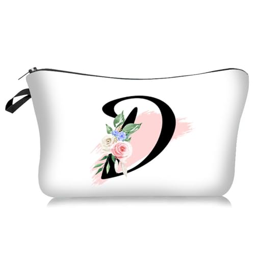 Soulnioi Personalisierbare weiße Make-up-Tasche, Blumen-Buchstabe A-Z, wasserdichte Make-up-Kosmetiktasche oder Damen/Mädchen, Brautjungferngeschenke für Geburtstag, Hochzeit, D von Soulnioi