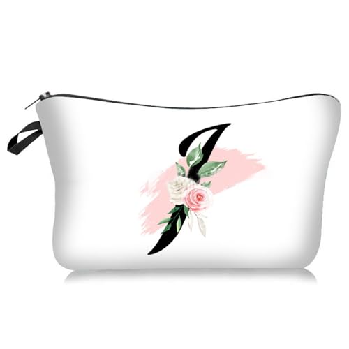 Soulnioi Personalisierbare weiße Make-up-Tasche, Blumen-Buchstabe A-Z, wasserdichte Make-up-Kosmetiktasche oder Damen/Mädchen, Brautjungferngeschenke für Geburtstag, Hochzeit, J von Soulnioi