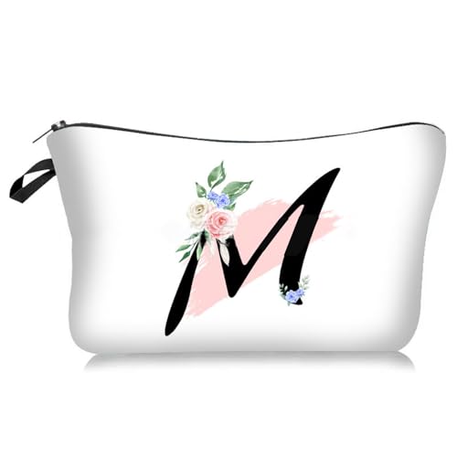 Soulnioi Personalisierbare weiße Make-up-Tasche, Blumen-Buchstabe A-Z, wasserdichte Make-up-Kosmetiktasche oder Damen/Mädchen, Brautjungferngeschenke für Geburtstag, Hochzeit, M von Soulnioi