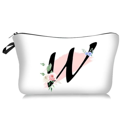 Soulnioi Personalisierbare weiße Make-up-Tasche, Blumen-Buchstabe A-Z, wasserdichte Make-up-Kosmetiktasche oder Damen/Mädchen, Brautjungferngeschenke für Geburtstag, Hochzeit, W von Soulnioi