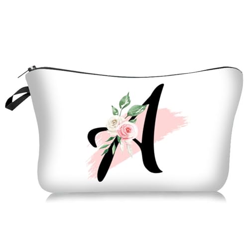 Soulnioi Personalisierbare weiße Make-up-Tasche, Blumen-Buchstabe A-Z, wasserdichte Make-up-Kosmetiktasche oder Damen/Mädchen, Brautjungferngeschenke für Geburtstag, Hochzeit, a von Soulnioi