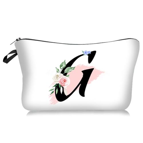 Soulnioi Personalisierbare weiße Make-up-Tasche, Blumen-Buchstabe A-Z, wasserdichte Make-up-Kosmetiktasche oder Damen/Mädchen, Brautjungferngeschenke für Geburtstag, Hochzeit, g von Soulnioi