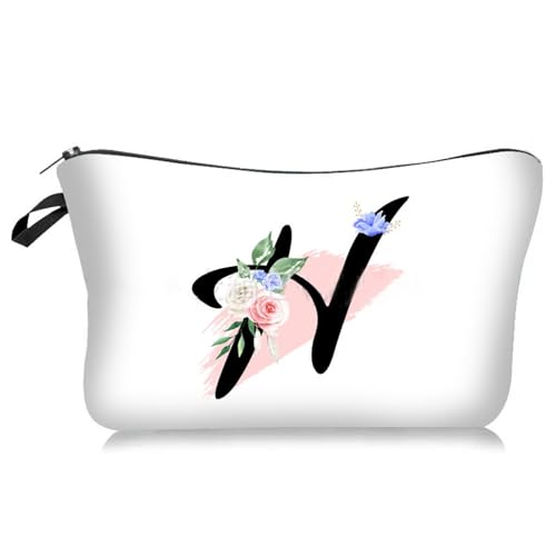 Soulnioi Personalisierbare weiße Make-up-Tasche, Blumen-Buchstabe A-Z, wasserdichte Make-up-Kosmetiktasche oder Damen/Mädchen, Brautjungferngeschenke für Geburtstag, Hochzeit, h von Soulnioi