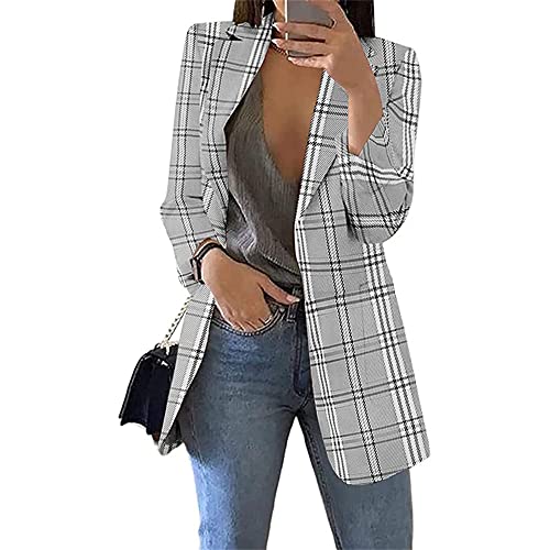 Soulolo Blazer Damen Elegant Damenjacke Longblazer Business Lang Jacke Slim Jacke Mantel Damen Cardigan Anzüge Bedruckter Anzug, B Grau, L von Soulolo