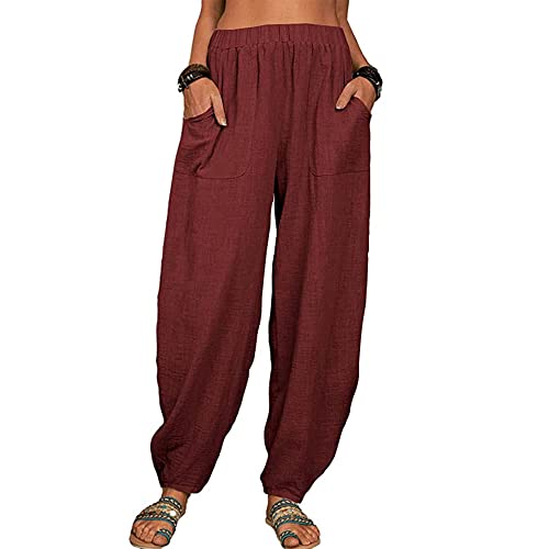 Soulolo Damen Freizeithose Sommer Lang Leichte Damen Sommerhose Loose Haremshose Hohe Taille Casual Basic Hose Einfarbig mit Taschen von Soulolo