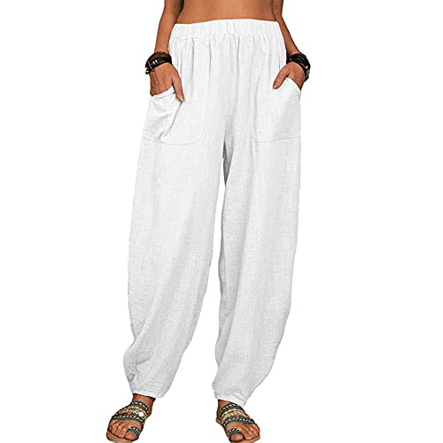 Soulolo Damen Freizeithose Sommer Lang Leichte Damen Sommerhose Loose Haremshose Hohe Taille Casual Basic Hose Einfarbig mit Taschen von Soulolo