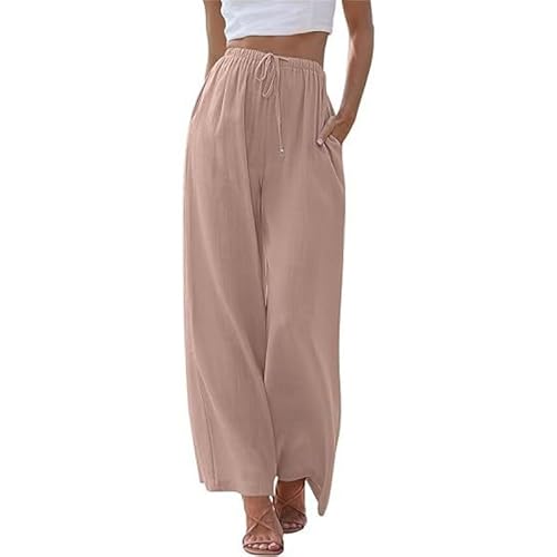 Soulolo Damen Hosen Leinen Lang Baumwolle Damen Leinenhose Einfarbig Loose Fit Stoffhose Weite Beine Freizeithose mit Tunnelzug und Taschen von Soulolo