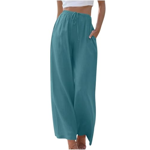 Soulolo Damen Hosen Leinen Lang Baumwolle Damen Leinenhose Einfarbig Loose Fit Stoffhose Weite Beine Freizeithose mit Tunnelzug und Taschen von Soulolo