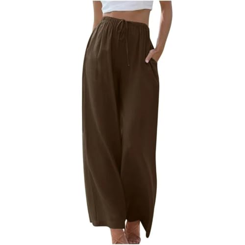 Soulolo Damen Hosen Leinen Lang Baumwolle Damen Leinenhose Einfarbig Loose Fit Stoffhose Weite Beine Freizeithose mit Tunnelzug und Taschen von Soulolo