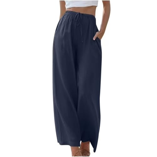Soulolo Damen Hosen Leinen Lang Baumwolle Damen Leinenhose Einfarbig Loose Fit Stoffhose Weite Beine Freizeithose mit Tunnelzug und Taschen von Soulolo