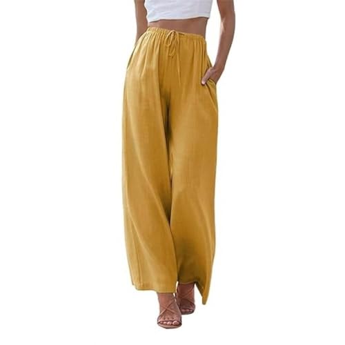 Soulolo Damen Hosen Leinen Lang Baumwolle Damen Leinenhose Einfarbig Loose Fit Stoffhose Weite Beine Freizeithose mit Tunnelzug und Taschen von Soulolo