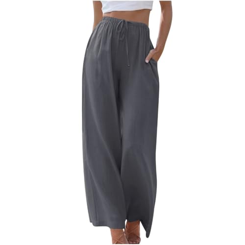 Soulolo Damen Hosen Leinen Lang Baumwolle Damen Leinenhose Einfarbig Loose Fit Stoffhose Weite Beine Freizeithose mit Tunnelzug und Taschen von Soulolo