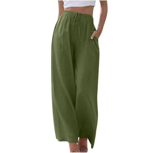 Soulolo Damen Hosen Leinen Lang Baumwolle Damen Leinenhose Einfarbig Loose Fit Stoffhose Weite Beine Freizeithose mit Tunnelzug und Taschen von Soulolo