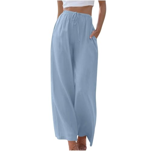 Soulolo Damen Hosen Leinen Lang Baumwolle Damen Leinenhose Einfarbig Loose Fit Stoffhose Weite Beine Freizeithose mit Tunnelzug und Taschen von Soulolo