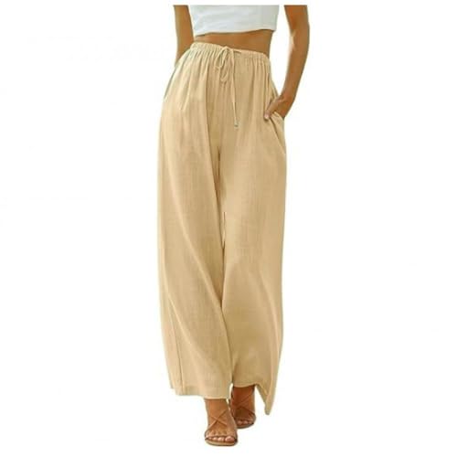 Soulolo Damen Hosen Leinen Lang Baumwolle Damen Leinenhose Einfarbig Loose Fit Stoffhose Weite Beine Freizeithose mit Tunnelzug und Taschen von Soulolo
