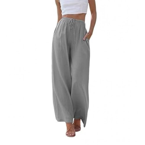 Soulolo Damen Hosen Leinen Lang Baumwolle Damen Leinenhose Einfarbig Loose Fit Stoffhose Weite Beine Freizeithose mit Tunnelzug und Taschen von Soulolo