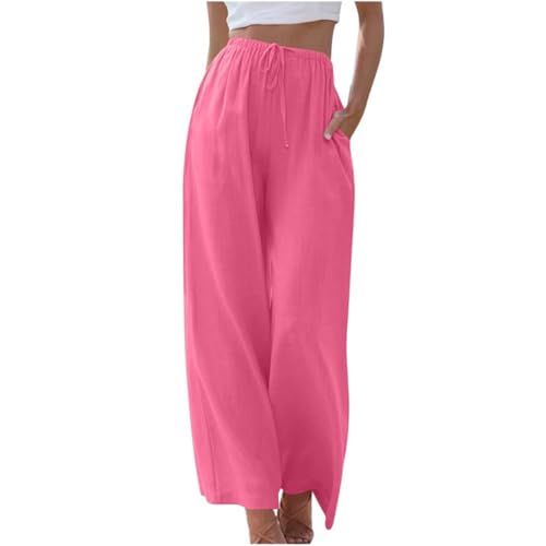 Soulolo Damen Hosen Leinen Lang Baumwolle Damen Leinenhose Einfarbig Loose Fit Stoffhose Weite Beine Freizeithose mit Tunnelzug und Taschen von Soulolo