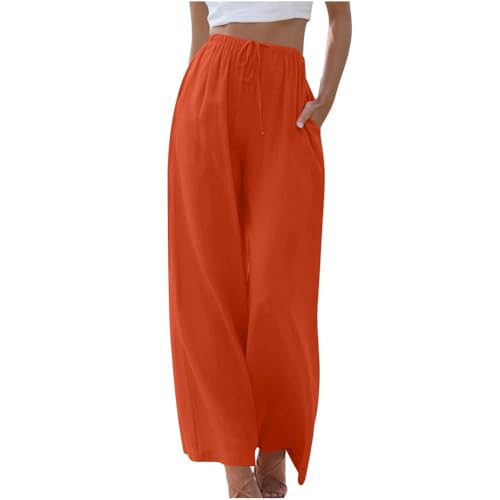 Soulolo Damen Hosen Leinen Lang Baumwolle Damen Leinenhose Einfarbig Loose Fit Stoffhose Weite Beine Freizeithose mit Tunnelzug und Taschen von Soulolo