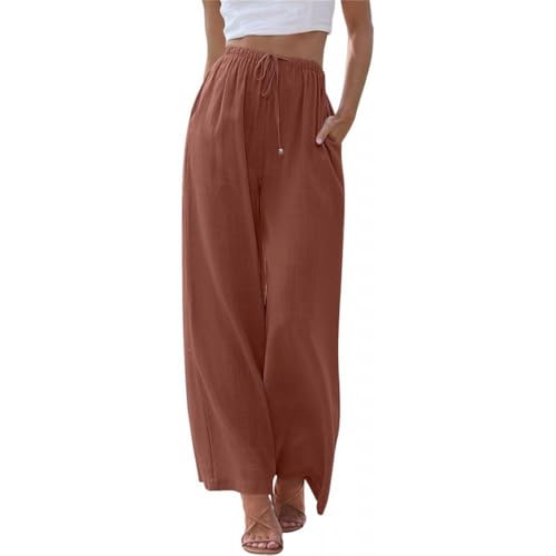 Soulolo Damen Hosen Leinen Lang Baumwolle Damen Leinenhose Einfarbig Loose Fit Stoffhose Weite Beine Freizeithose mit Tunnelzug und Taschen von Soulolo