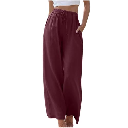 Soulolo Damen Hosen Leinen Lang Baumwolle Damen Leinenhose Einfarbig Loose Fit Stoffhose Weite Beine Freizeithose mit Tunnelzug und Taschen von Soulolo