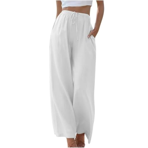 Soulolo Damen Hosen Leinen Lang Baumwolle Damen Leinenhose Einfarbig Loose Fit Stoffhose Weite Beine Freizeithose mit Tunnelzug und Taschen von Soulolo