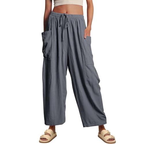Soulolo Damen Hosen Weite Lose 7/8 Länge Baumwolle Leinenhose Stoffhose Casual Weites Bein Freizeithose Strandhose Bequeme Einfarbig Straight Leg Hose Mit Taschen von Soulolo