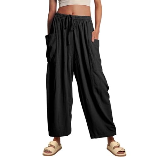 Soulolo Damen Hosen Weite Lose 7/8 Länge Baumwolle Leinenhose Stoffhose Casual Weites Bein Freizeithose Strandhose Bequeme Einfarbig Straight Leg Hose Mit Taschen von Soulolo