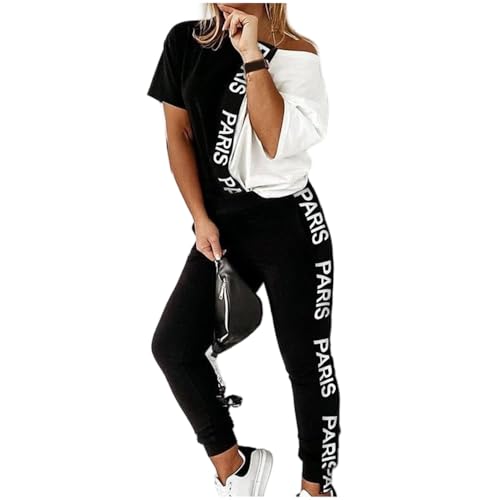 Soulolo Damen Jogginganzug Traingsanzug Kurzarmanzug Schwarz-weiß Damen Sportanzug Frauen 2 Teilig Freizeitanzug Top + Lange Hose Sportswear Trousers Set Loungewear Streetwear von Soulolo