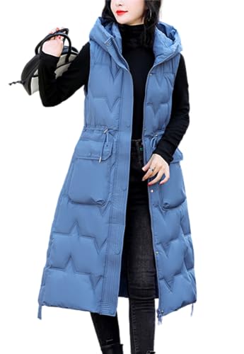 Soulolo Damen Lang Weste Steppweste Winter Warm Daunenbaumwolle Übergangsweste Ärmellose Jacke Weste mit Kapuze Leicht Winterjacke Outdoorweste Winterweste Mäntel Casual von Soulolo