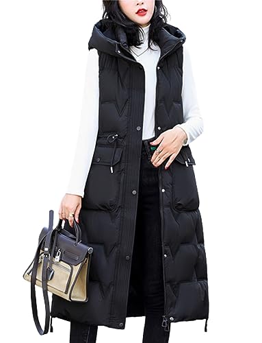 Soulolo Damen Lang Weste Steppweste Winter Warm Daunenbaumwolle Übergangsweste Ärmellose Jacke Weste mit Kapuze Leicht Winterjacke Outdoorweste Winterweste Mäntel Casual von Soulolo