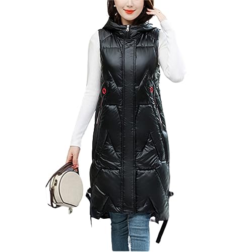 Soulolo Damen Lang Weste Steppweste Winter Warm Daunenbaumwolle Übergangsweste Ärmellose Jacke Weste mit Kapuze Leicht Winterjacke Outdoorweste Winterweste Mäntel Casual von Soulolo