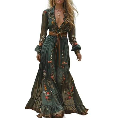 Soulolo Damen Langes Boho Kleid Vintage V-Ausschnitt Blumenkleid Western Country Chiffonkleid Sommerkleid Partykleider Maxikleider von Soulolo