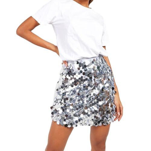 Soulolo Damen Paillettenrock Party Rave Outfit Glitzer Rock Glänzender Kurzer Minirock Silber M (waist measurement and length not specified) für Frauen Partygängerinnen von Soulolo