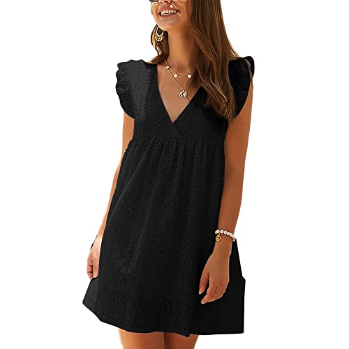 Soulolo Damen Sommerkleid Damen Strandkleid V-Ausschnitt Spitzenkleid Damen Kleid Hohe Taille Kleider Minikleid mit Rüschenärmeln Elegant Strampler Kleid von Soulolo