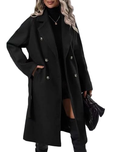 Soulolo Damen Trenchcoat Zweireiher Mantel Lang Umlegekragen Trenchcoat Einfarbig Damenmantel mit Taschen mit Knöpfen Jacke Outwear von Soulolo