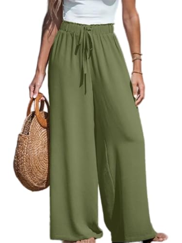 Soulolo Damen Weite Bein Hose Leichte Sommerhose Kordelzug Jogginghose Stoffhose Palazzo Hose Elegant Leinenhosen von Soulolo