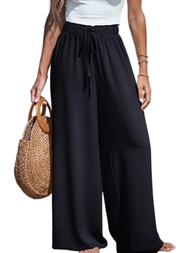 Soulolo Damen Weite Bein Hose Leichte Sommerhose Kordelzug Jogginghose Stoffhose Palazzo Hose Elegant Leinenhosen von Soulolo