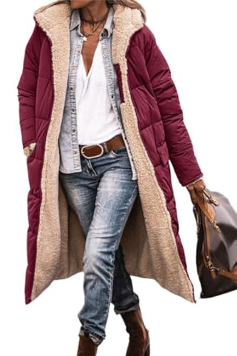 Soulolo Damen Wintermäntel Warm Reversibel Mäntel Outdoorjacke mit Kapuze Elegant Langarm Steppmantel Herbst Baumwolljacke Winterparka von Soulolo
