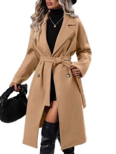 Soulolo Damen Wollmantel Lang Warm Damen Trenchcoat Reverskragen Winter Mantel Revers Zweireihiger Vintage Einfarbig mit Gürtel Outwear Herbst Winter Jacke von Soulolo