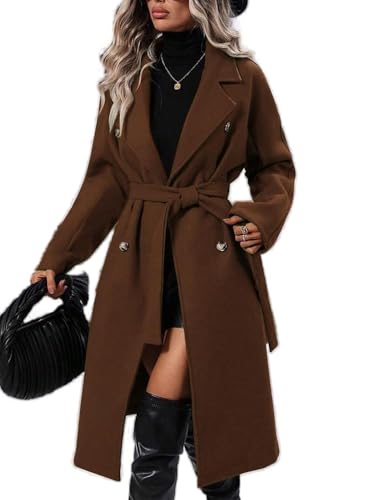 Soulolo Damen Wollmantel Lang Warm Damen Trenchcoat Reverskragen Winter Mantel Revers Zweireihiger Vintage Einfarbig mit Gürtel Outwear Herbst Winter Jacke von Soulolo