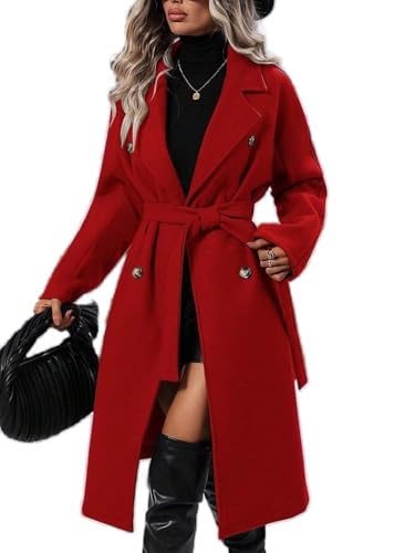 Soulolo Damen Wollmantel Lang Warm Damen Trenchcoat Reverskragen Winter Mantel Revers Zweireihiger Vintage Einfarbig mit Gürtel Outwear Herbst Winter Jacke von Soulolo