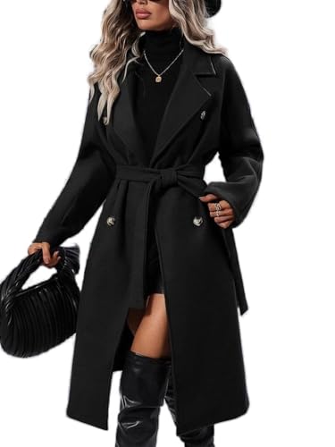 Soulolo Damen Wollmantel Lang Warm Damen Trenchcoat Reverskragen Winter Mantel Revers Zweireihiger Vintage Einfarbig mit Gürtel Outwear Herbst Winter Jacke von Soulolo