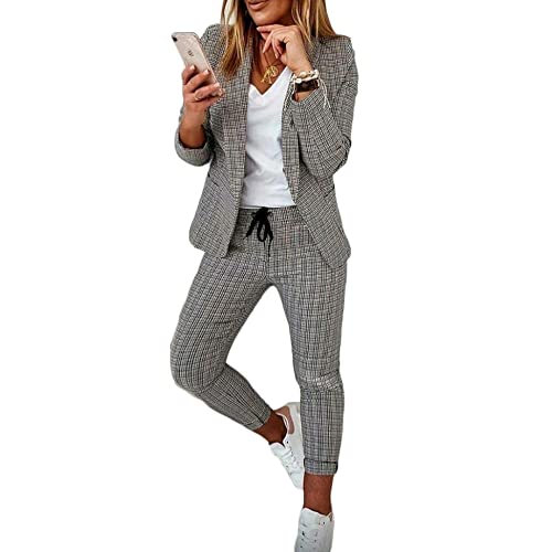 Soulolo Elegant Business Anzug Set Hosenanzug Blazer Zweiteiliger Anzug Langarm Anzugjacke Slim Set Einfarbig gestreiftes Quadrat Damenanzug 2 Stück von Soulolo