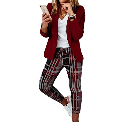 Soulolo Elegant Business Anzug Set Hosenanzug Blazer Zweiteiliger Anzug Langarm Anzugjacke Slim Set Einfarbig gestreiftes Quadrat Damenanzug 2 Stück von Soulolo