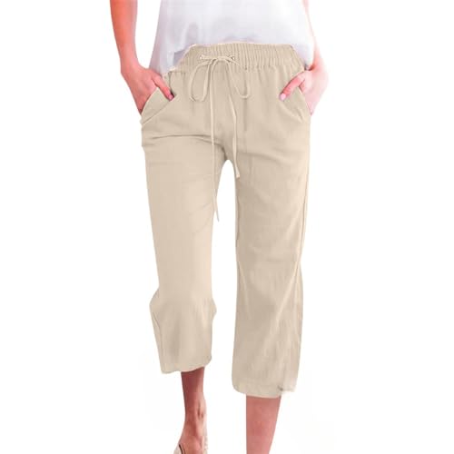 Soulolo Leinenhose Damen 3/4 Sommerhose Leicht Sommer Lockere Stoffhose Freizeithose Kordelzug Strandhose Sporthose Wanderhose Caprihose mit Taschen von Soulolo