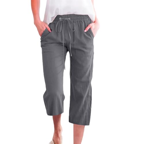 Soulolo Leinenhose Damen 3/4 Sommerhose Leicht Sommer Lockere Stoffhose Freizeithose Kordelzug Strandhose Sporthose Wanderhose Caprihose mit Taschen von Soulolo