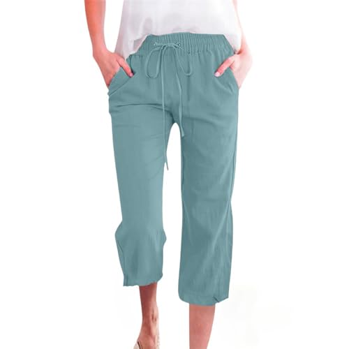 Soulolo Leinenhose Damen 3/4 Sommerhose Leicht Sommer Lockere Stoffhose Freizeithose Kordelzug Strandhose Sporthose Wanderhose Caprihose mit Taschen von Soulolo