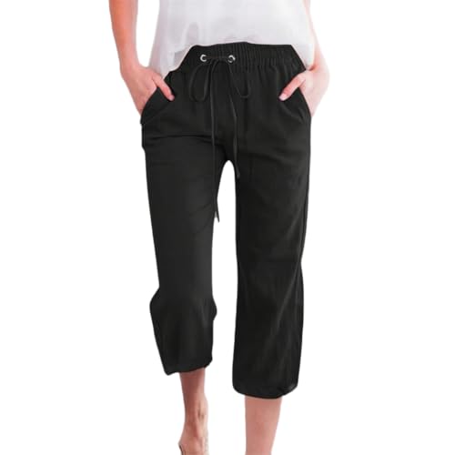 Soulolo Leinenhose Damen 3/4 Sommerhose Leicht Sommer Lockere Stoffhose Freizeithose Kordelzug Strandhose Sporthose Wanderhose Caprihose mit Taschen von Soulolo