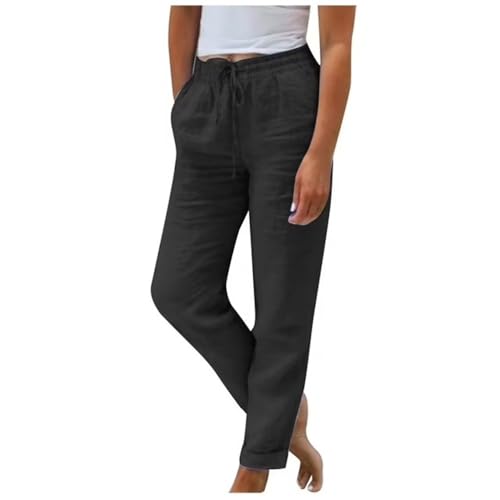 Soulolo Leinenhose Damen Baumwolle Leinen Stoffhose Einfarbig Freizeithose Atmungsaktiv Strandhose Sommerhose mit Taschen und Elastischem Bund für Reisen & Alltag von Soulolo