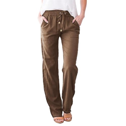 Soulolo Leinenhose Damen Länge Leichte Sommerhose Musselin Einfarbig Freizeithose Gerade Stoffhose Einfarbig Jogginghose Elegant Leicht Baumwolle Leinen Hose von Soulolo